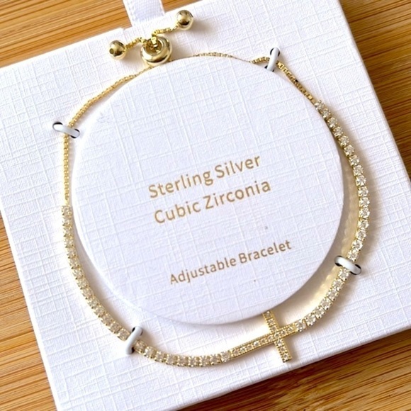 Brand New Sterling Silver Gold Tone Cross Rhinestone Adjustable Bracelet - Picture 3 of 8